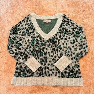 LOFT V-Neck Leopard Print Sweater in Gray and Green